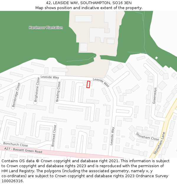 42, LEASIDE WAY, SOUTHAMPTON, SO16 3EN: Location map and indicative extent of plot