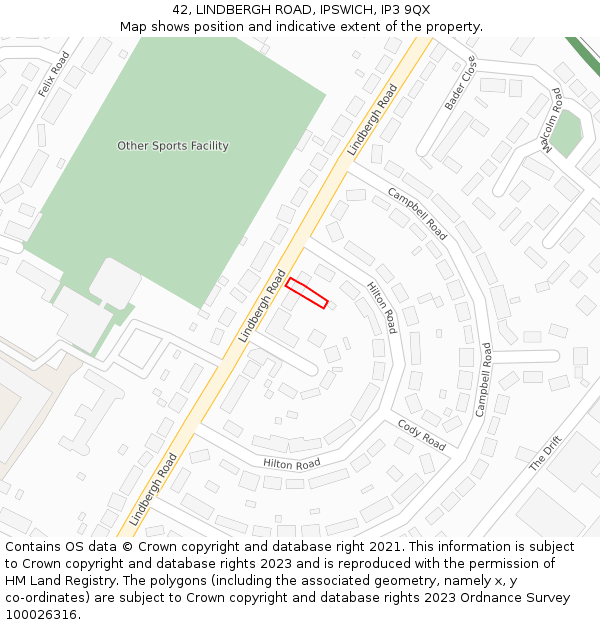 42, LINDBERGH ROAD, IPSWICH, IP3 9QX: Location map and indicative extent of plot