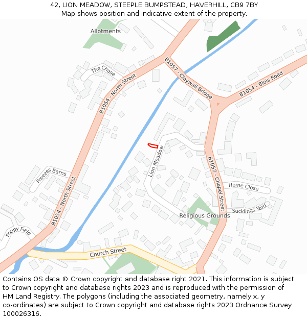 42, LION MEADOW, STEEPLE BUMPSTEAD, HAVERHILL, CB9 7BY: Location map and indicative extent of plot
