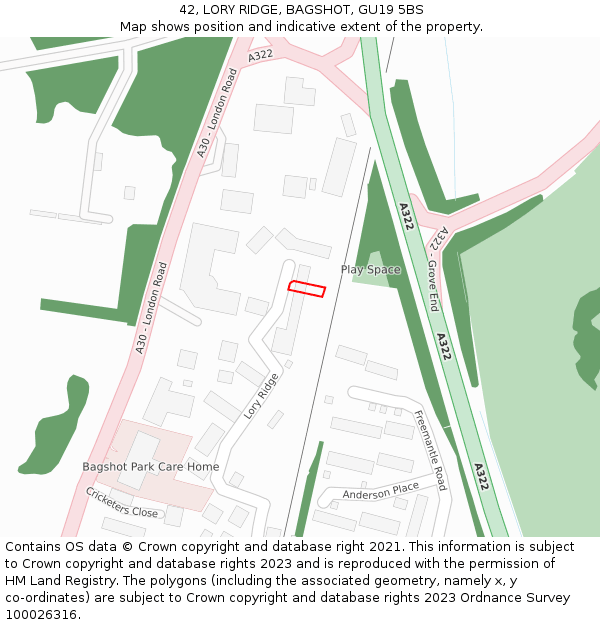 42, LORY RIDGE, BAGSHOT, GU19 5BS: Location map and indicative extent of plot