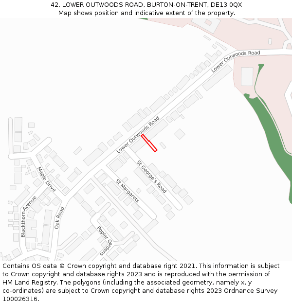 42, LOWER OUTWOODS ROAD, BURTON-ON-TRENT, DE13 0QX: Location map and indicative extent of plot