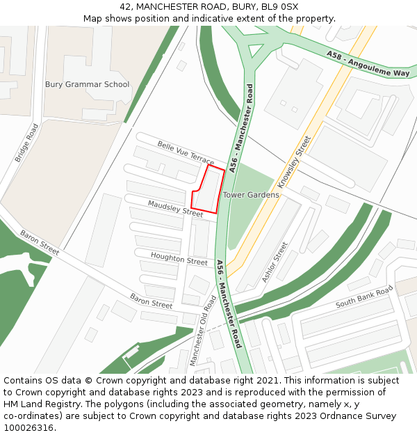 42, MANCHESTER ROAD, BURY, BL9 0SX: Location map and indicative extent of plot