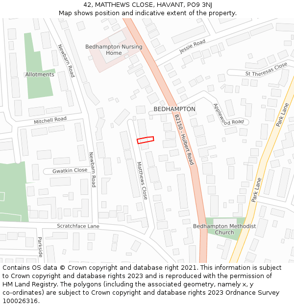 42, MATTHEWS CLOSE, HAVANT, PO9 3NJ: Location map and indicative extent of plot
