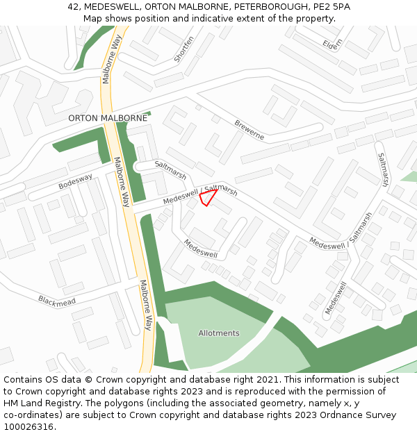 42, MEDESWELL, ORTON MALBORNE, PETERBOROUGH, PE2 5PA: Location map and indicative extent of plot