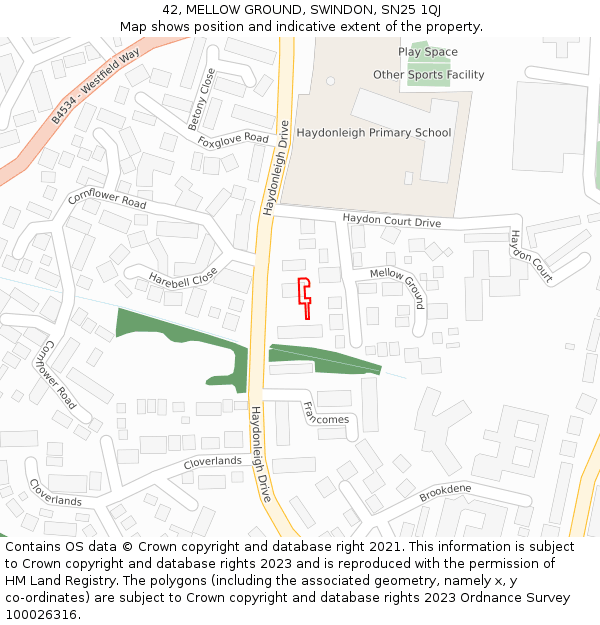 42, MELLOW GROUND, SWINDON, SN25 1QJ: Location map and indicative extent of plot