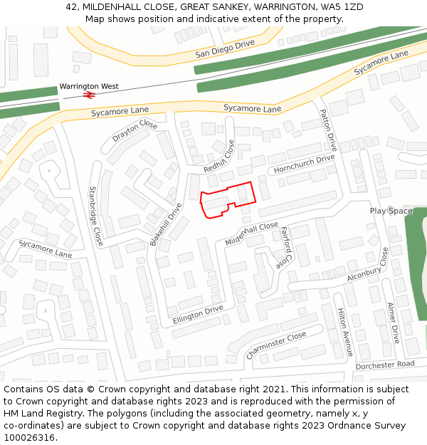 42, MILDENHALL CLOSE, GREAT SANKEY, WARRINGTON, WA5 1ZD: Location map and indicative extent of plot