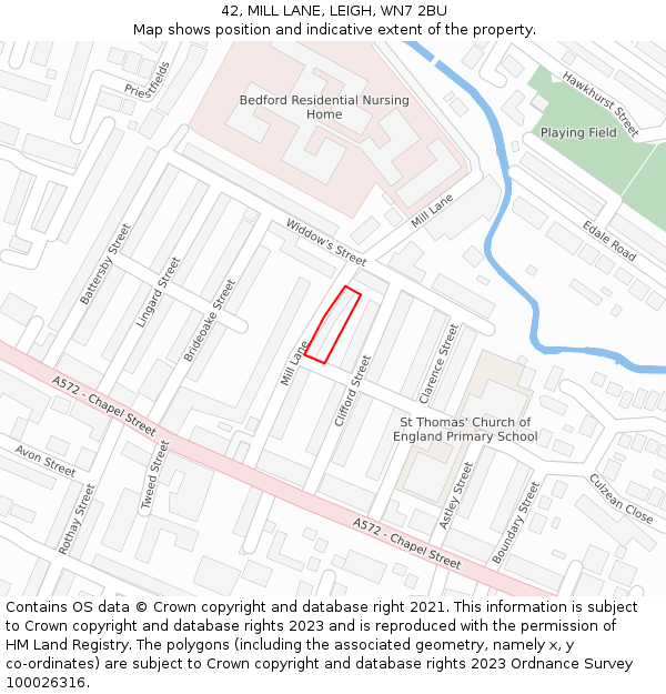 42, MILL LANE, LEIGH, WN7 2BU: Location map and indicative extent of plot