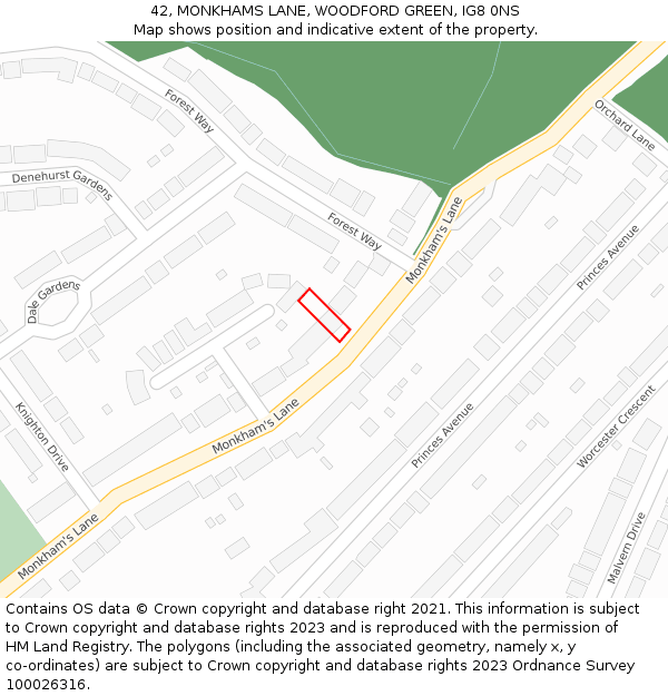 42, MONKHAMS LANE, WOODFORD GREEN, IG8 0NS: Location map and indicative extent of plot