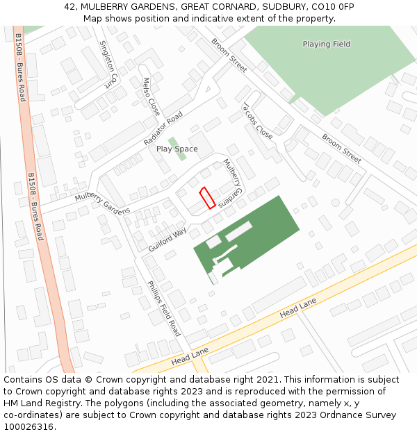 42, MULBERRY GARDENS, GREAT CORNARD, SUDBURY, CO10 0FP: Location map and indicative extent of plot