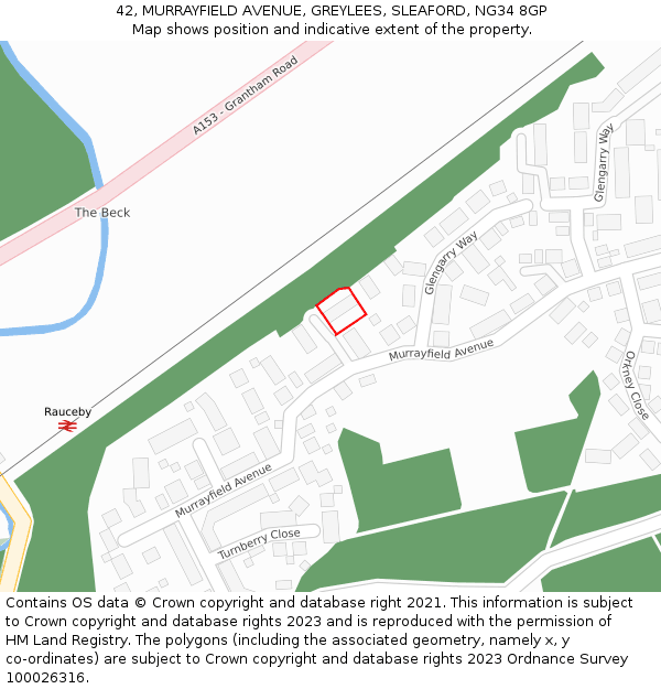 42, MURRAYFIELD AVENUE, GREYLEES, SLEAFORD, NG34 8GP: Location map and indicative extent of plot