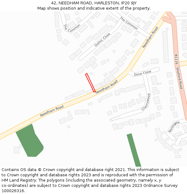 42, NEEDHAM ROAD, HARLESTON, IP20 9JY: Location map and indicative extent of plot