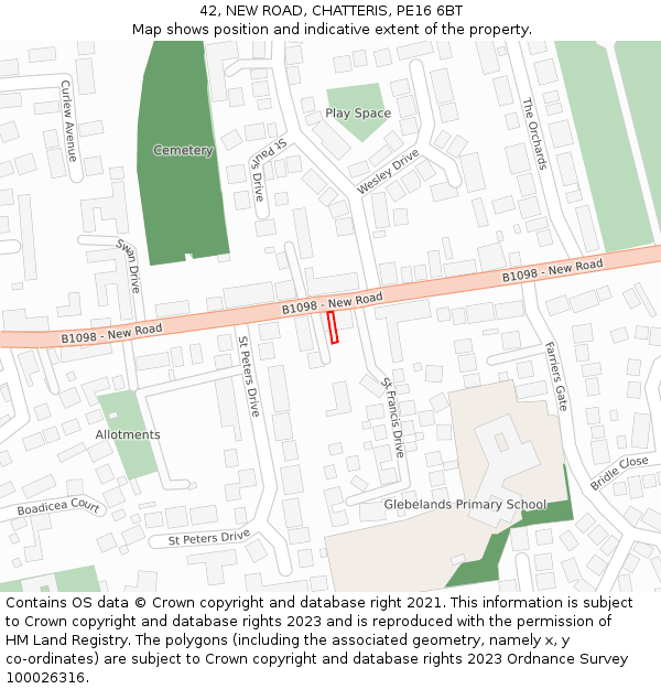 42, NEW ROAD, CHATTERIS, PE16 6BT: Location map and indicative extent of plot