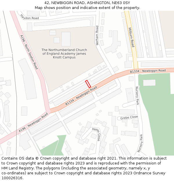 42, NEWBIGGIN ROAD, ASHINGTON, NE63 0SY: Location map and indicative extent of plot