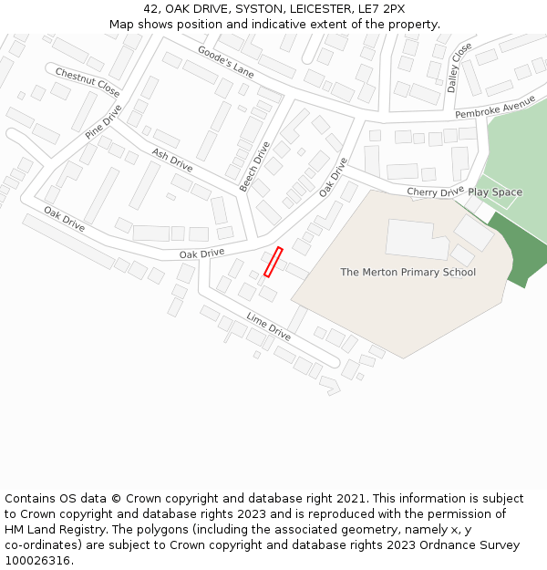 42, OAK DRIVE, SYSTON, LEICESTER, LE7 2PX: Location map and indicative extent of plot