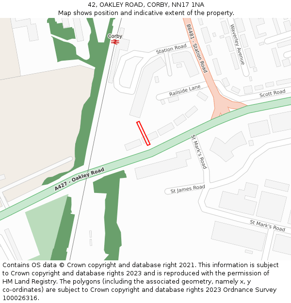 42, OAKLEY ROAD, CORBY, NN17 1NA: Location map and indicative extent of plot