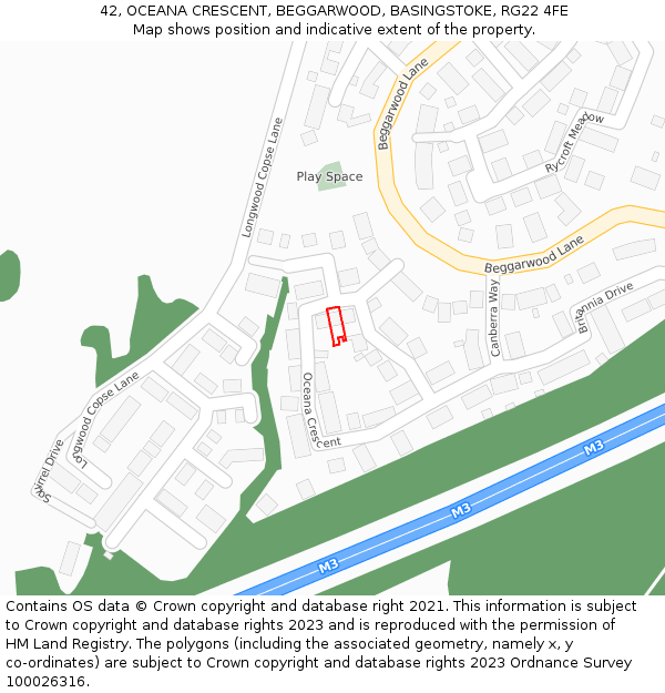 42, OCEANA CRESCENT, BEGGARWOOD, BASINGSTOKE, RG22 4FE: Location map and indicative extent of plot