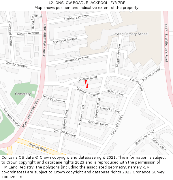 42, ONSLOW ROAD, BLACKPOOL, FY3 7DF: Location map and indicative extent of plot