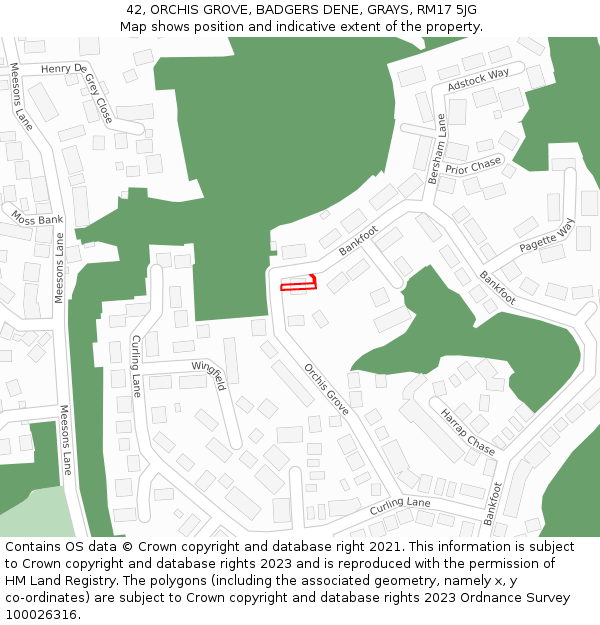 42, ORCHIS GROVE, BADGERS DENE, GRAYS, RM17 5JG: Location map and indicative extent of plot