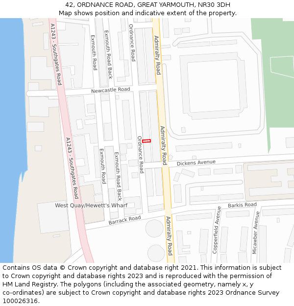 42, ORDNANCE ROAD, GREAT YARMOUTH, NR30 3DH: Location map and indicative extent of plot