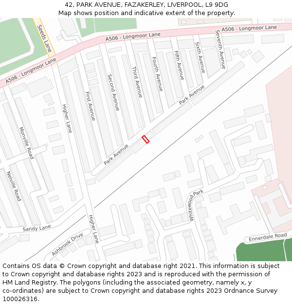 42, PARK AVENUE, FAZAKERLEY, LIVERPOOL, L9 9DG: Location map and indicative extent of plot