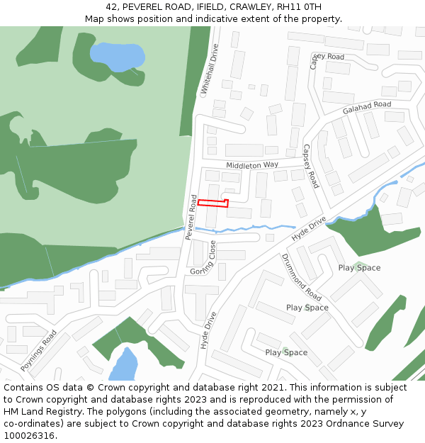 42, PEVEREL ROAD, IFIELD, CRAWLEY, RH11 0TH: Location map and indicative extent of plot