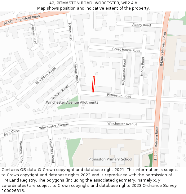 42, PITMASTON ROAD, WORCESTER, WR2 4JA: Location map and indicative extent of plot