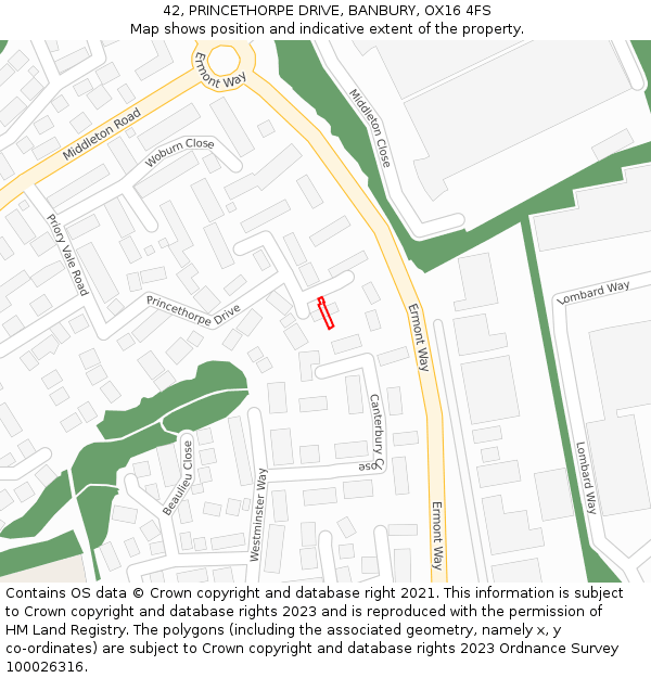 42, PRINCETHORPE DRIVE, BANBURY, OX16 4FS: Location map and indicative extent of plot