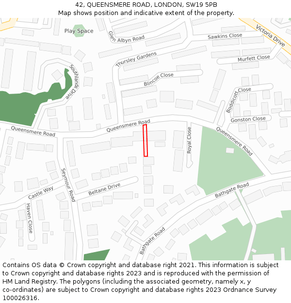42, QUEENSMERE ROAD, LONDON, SW19 5PB: Location map and indicative extent of plot