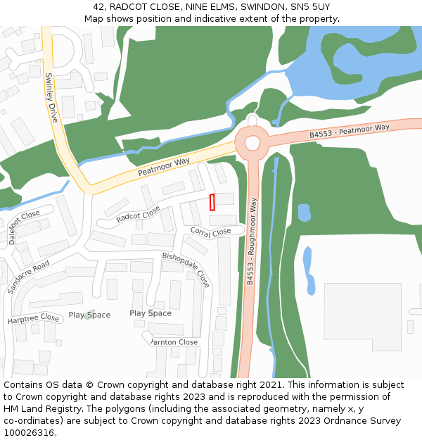 42, RADCOT CLOSE, NINE ELMS, SWINDON, SN5 5UY: Location map and indicative extent of plot