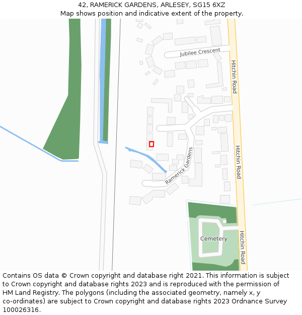 42, RAMERICK GARDENS, ARLESEY, SG15 6XZ: Location map and indicative extent of plot