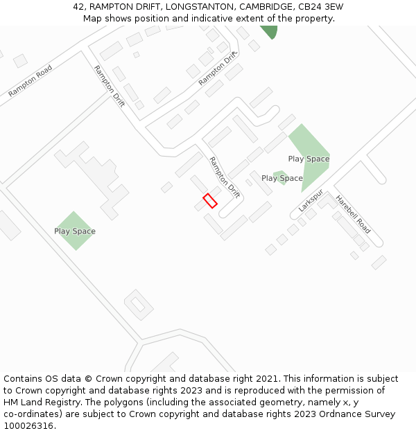 42, RAMPTON DRIFT, LONGSTANTON, CAMBRIDGE, CB24 3EW: Location map and indicative extent of plot