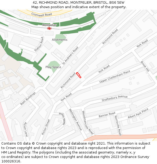 42, RICHMOND ROAD, MONTPELIER, BRISTOL, BS6 5EW: Location map and indicative extent of plot