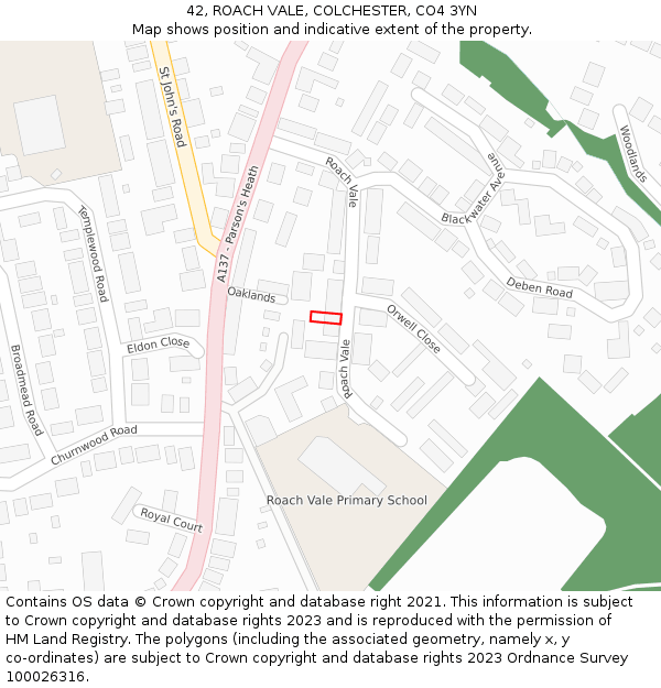 42, ROACH VALE, COLCHESTER, CO4 3YN: Location map and indicative extent of plot