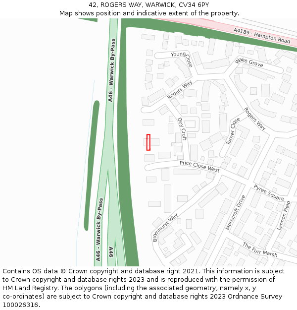 42, ROGERS WAY, WARWICK, CV34 6PY: Location map and indicative extent of plot