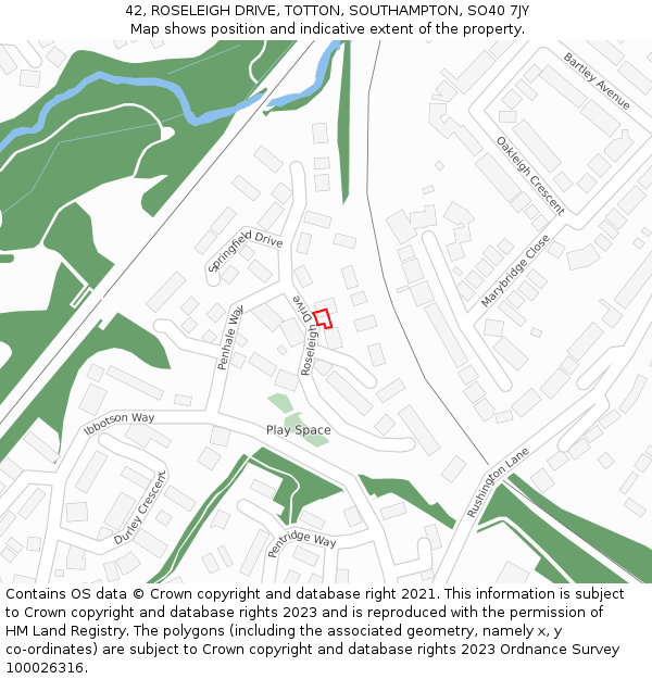 42, ROSELEIGH DRIVE, TOTTON, SOUTHAMPTON, SO40 7JY: Location map and indicative extent of plot
