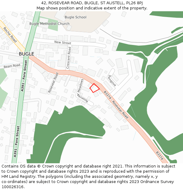 42, ROSEVEAR ROAD, BUGLE, ST AUSTELL, PL26 8PJ: Location map and indicative extent of plot