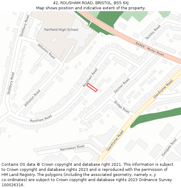 42, ROUSHAM ROAD, BRISTOL, BS5 6XJ: Location map and indicative extent of plot