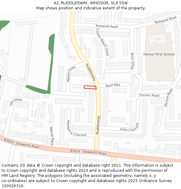 42, RUDDLESWAY, WINDSOR, SL4 5SW: Location map and indicative extent of plot