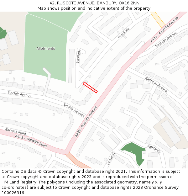 42, RUSCOTE AVENUE, BANBURY, OX16 2NN: Location map and indicative extent of plot