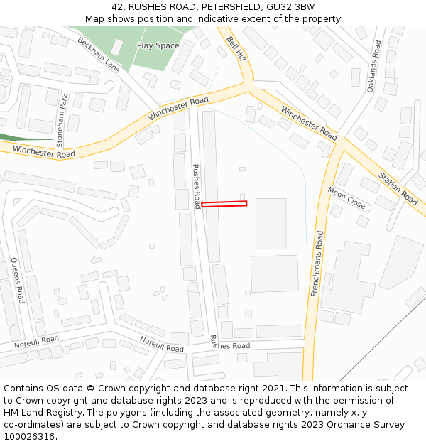 42, RUSHES ROAD, PETERSFIELD, GU32 3BW: Location map and indicative extent of plot