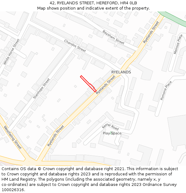 42, RYELANDS STREET, HEREFORD, HR4 0LB: Location map and indicative extent of plot