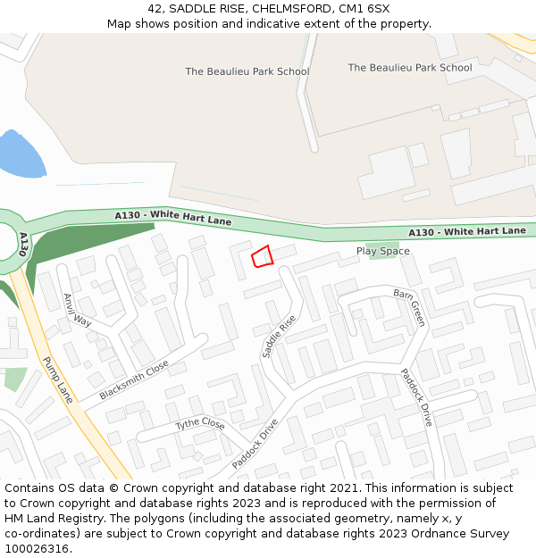 42, SADDLE RISE, CHELMSFORD, CM1 6SX: Location map and indicative extent of plot