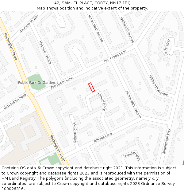 42, SAMUEL PLACE, CORBY, NN17 1BQ: Location map and indicative extent of plot