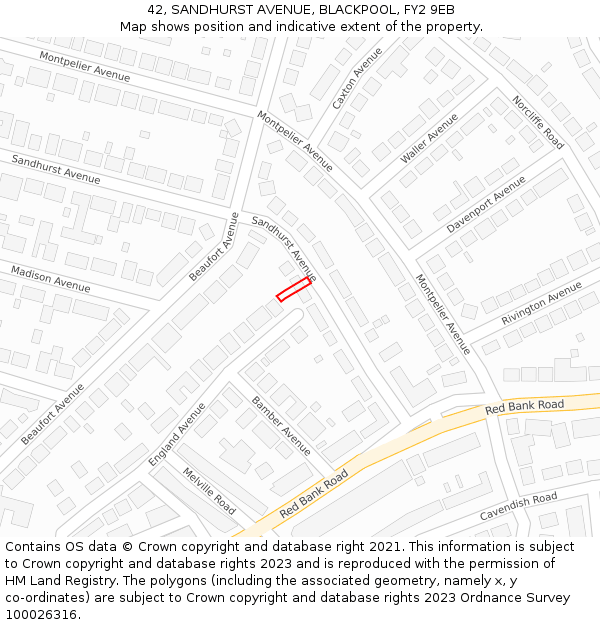 42, SANDHURST AVENUE, BLACKPOOL, FY2 9EB: Location map and indicative extent of plot