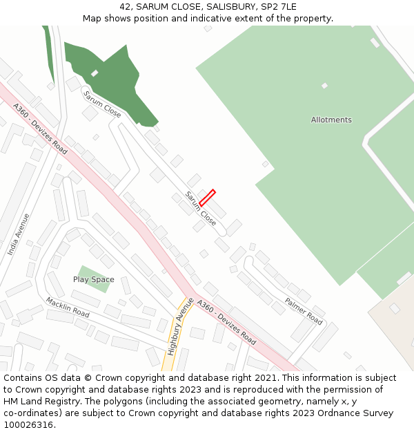 42, SARUM CLOSE, SALISBURY, SP2 7LE: Location map and indicative extent of plot