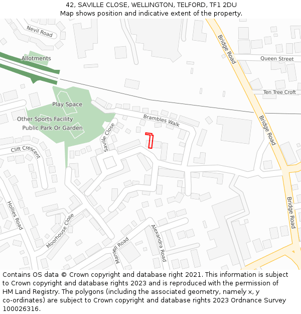 42, SAVILLE CLOSE, WELLINGTON, TELFORD, TF1 2DU: Location map and indicative extent of plot