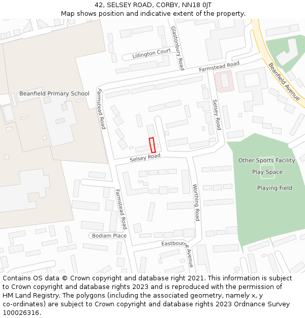 42, SELSEY ROAD, CORBY, NN18 0JT: Location map and indicative extent of plot