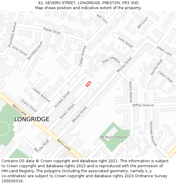 42, SEVERN STREET, LONGRIDGE, PRESTON, PR3 3ND: Location map and indicative extent of plot