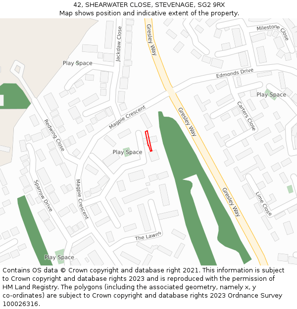 42, SHEARWATER CLOSE, STEVENAGE, SG2 9RX: Location map and indicative extent of plot
