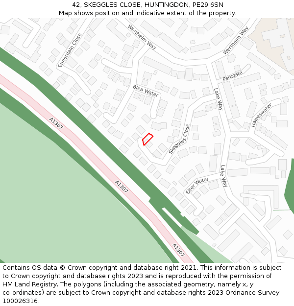 42, SKEGGLES CLOSE, HUNTINGDON, PE29 6SN: Location map and indicative extent of plot